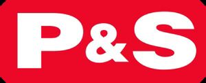 White “P&S” logo on a red rectangular background