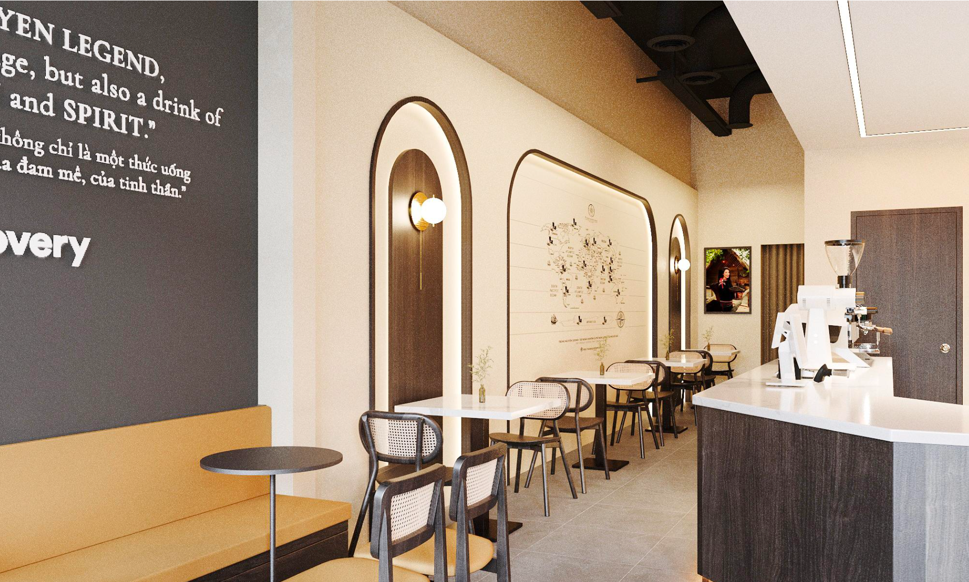 Modern café interior with round tables, arched wall decor, and a white counter on the right