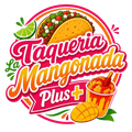 Taquería La Mangonada Plus logo with pink script, mango dessert, lime, and bowl of fruit.