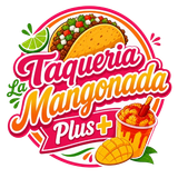 Taquería La Mangonada Plus logo with pink script, mango dessert, lime, and bowl of fruit.