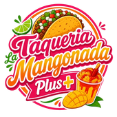 Taquería La Mangonada Plus logo with pink script, mango dessert, lime, and bowl of fruit.