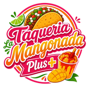 Taquer&iacute;a La Mangonada Plus logo with pink script, mango dessert, lime, and bowl of fruit.