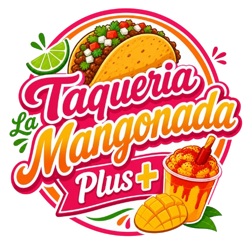 Taquer&iacute;a La Mangonada Plus logo with pink script, mango dessert, lime, and bowl of fruit.
