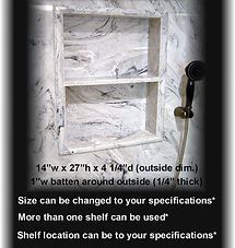 White recessed wall shelf with two compartments and dimension notes in black text on marble background