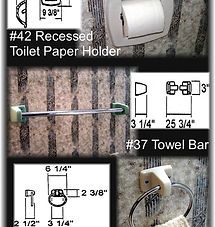 Bathroom fixture catalog showing recessed toilet paper holder and towel bar dimensions with product photos.