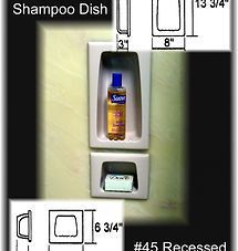 Shampoo dish in wall niche with recessed soap and shampoo holders, shown with dimension labels.