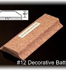 Brown textured decorative brick wedge with a labeled top, shown with a small dimension inset.