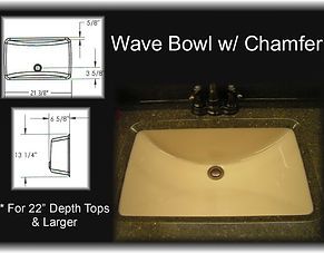 Diagram and photo of a beige wave bowl sink with chamfer, labeled for 22-inch depth tops and larger