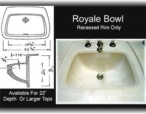 Royale Bowl recessed rim only bathroom sink with dimensions and installation diagram