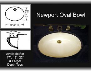 Newport Oval Bowl promotional graphic showing an ivory oval sink with dimensions and installation details