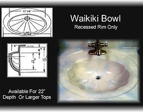 Waikiki Bowl recessed bathroom sink ad with diagrams and faucet in a basin