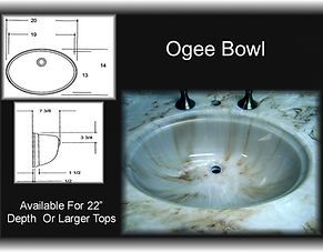 Ogee bowl bathroom sink ad with white vanity sink and technical dimension diagrams