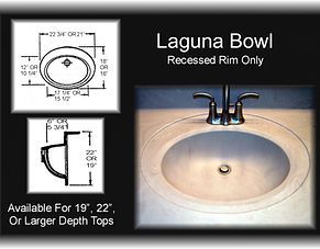 Laguna Bowl recessed rim sink diagram and photo, white oval basin with faucet, for deeper tops