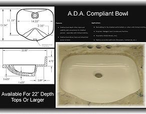 ADA-compliant toilet bowl dimensions diagram with product photo and “Available for 22” depth tops or larger” text