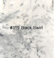 White marble-like surface with gray and black swirls labeled “#119 Black Swirl”