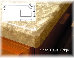 Close-up of a beige stone countertop with a 1 1/2-inch beveled edge shown in a cutaway diagram.