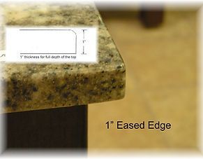 Diagram of a granite countertop corner with a 1-inch eased edge and thickness callout inset