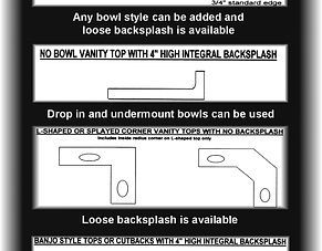 Diagram of vanity top options showing backsplash styles and drop-in or undermount sink cutouts