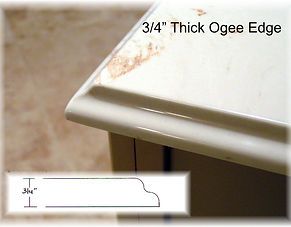 Close-up of a white countertop edge with a 3/4-inch ogee profile diagram and label