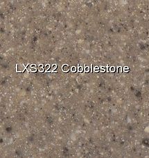 Close-up of tan and gray speckled cobblestone texture labeled “LXS322 Cobblestone”