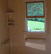 Bathroom shower with grab bars, small shelf, and a window overlooking green outdoors.