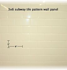 Cream subway tile wall panel with 3x6 tile pattern and grout measurements shown on the left