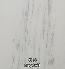 Light grey swirled marble-like surface with subtle vertical streaks, labeled “#104 Grey Swirl”