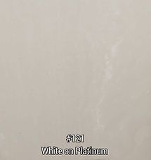 White paint sample labeled “#121 White on Platinum” on a light background