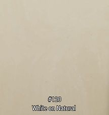Beige surface with text reading “#120 White on Natural” in the lower center.