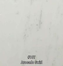 White marble-like surface with faint gray streaks, labeled “#107 Avocado Swirl” at the bottom.