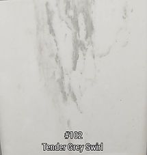 Light grey marble swirl pattern with the label “#102 Tender Grey Swirl” at the bottom.