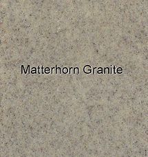 Matterhorn Granite sample with centered black text on a speckled beige background