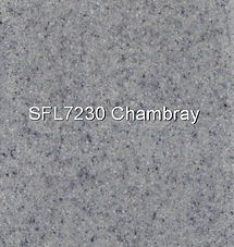 Gray speckled fabric swatch labeled “SFL7230 Chambray”