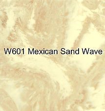 Beige swirled marble tile labeled “W601 Mexican Sand Wave”
