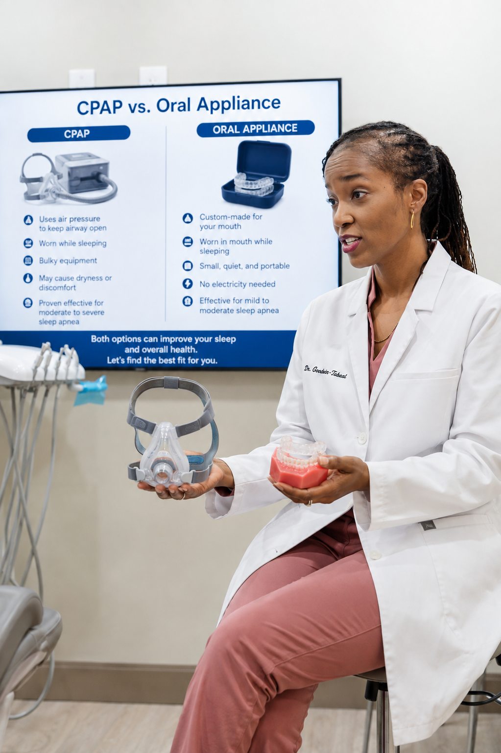 Woman in a clinic, seated beside a CPAP vs. oral appliance chart and holding a CPAP mask and mouthpiece.
