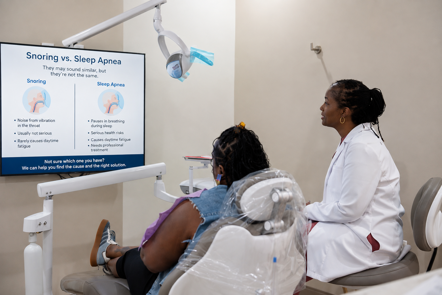 Patient seated in a dental chair while a clinician explains a treatment chart on a monitor.