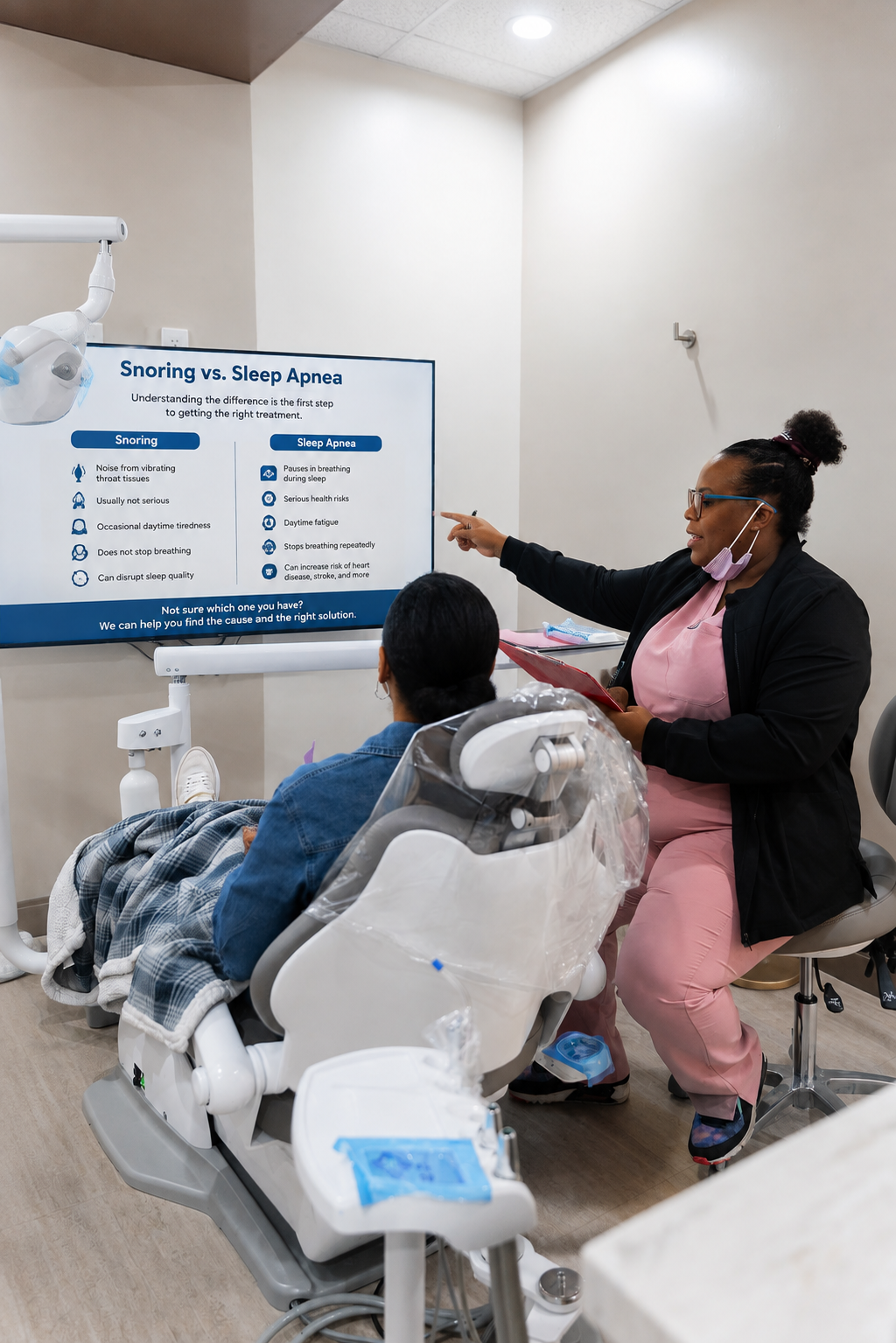 Dental hygienist pointing at a treatment chart while a patient sits in a dental chair with protective bibs.