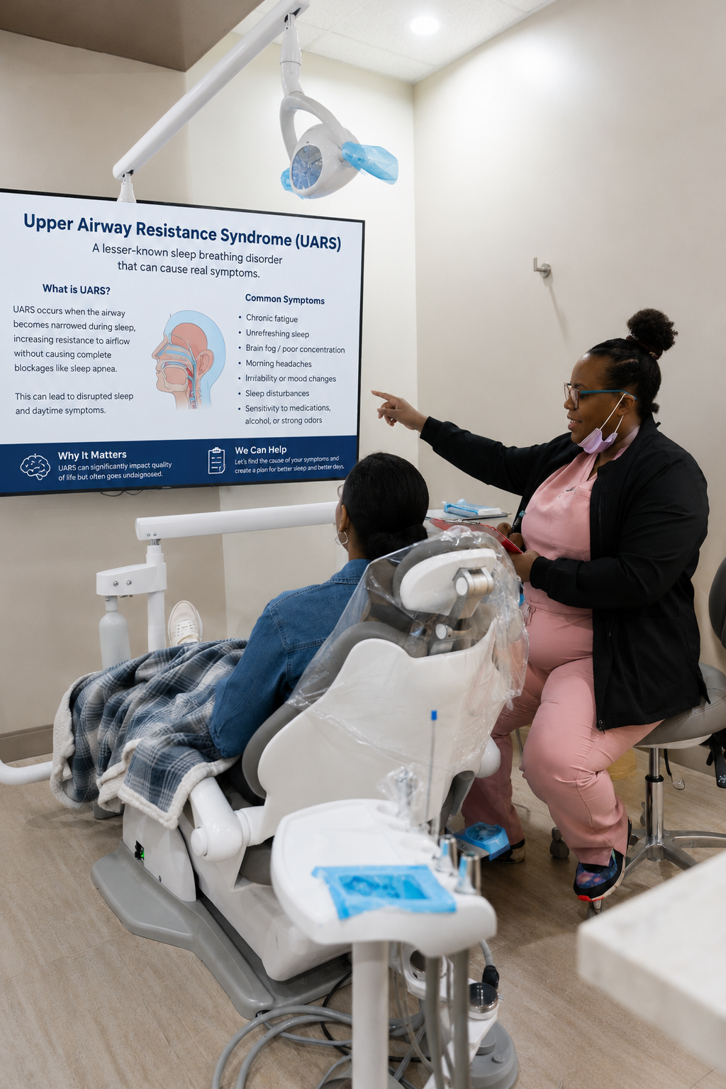 Dental clinic demonstration with clinician pointing at poster while patient reclines in exam chair