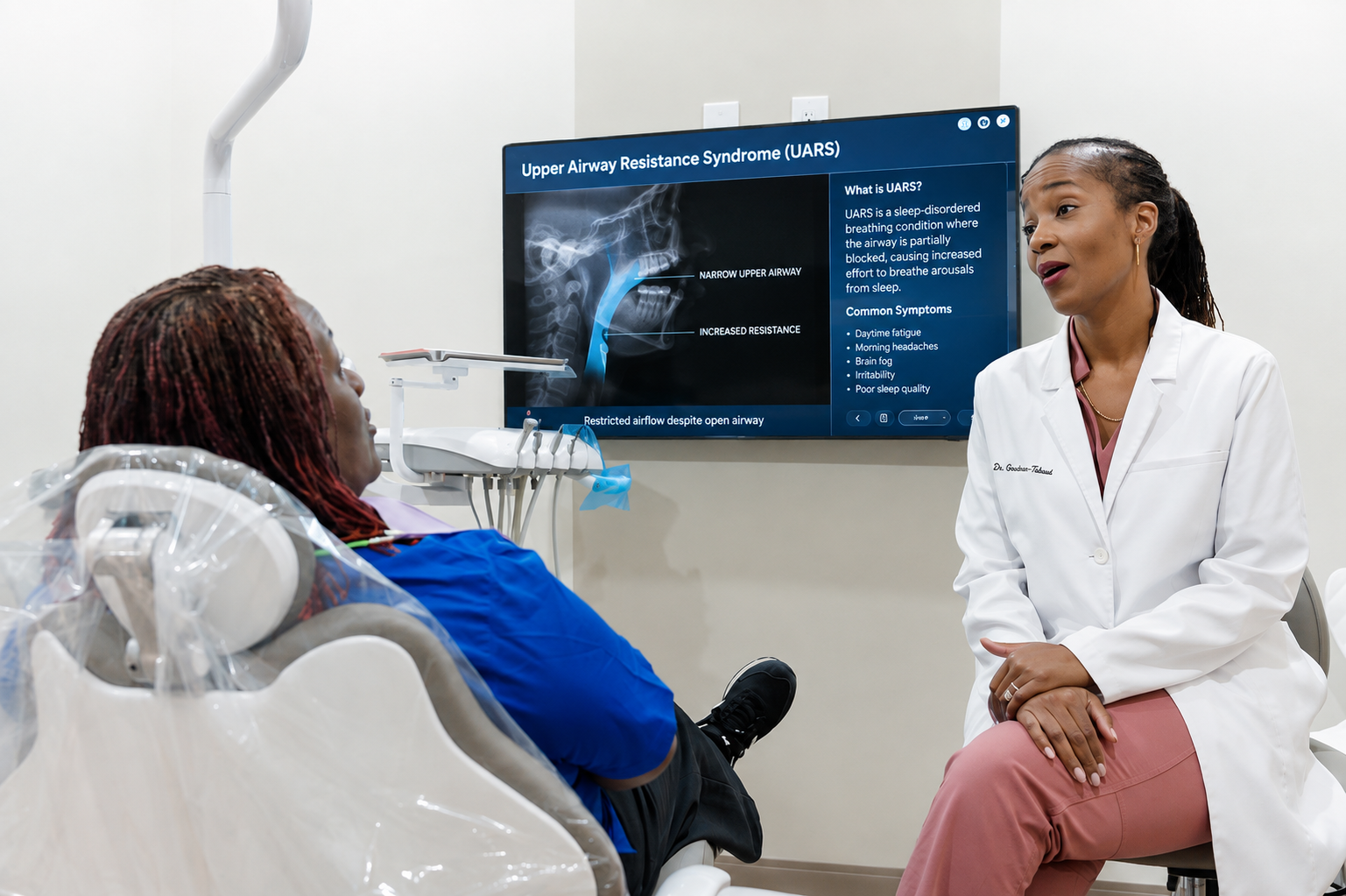Doctor speaking with a patient in a clinic, with an exam chair and a wall-mounted display behind them