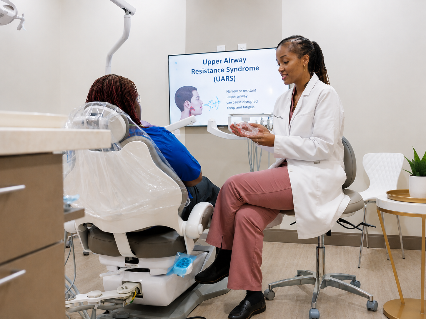 Dentist consulting with a seated patient in a bright exam room, using a model and pointing at a screen.