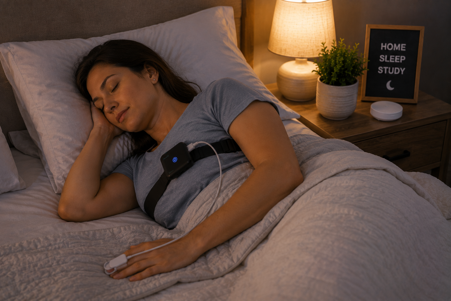 Woman sleeping in bed with a smartwatch, beside a lamp and a sign reading “HOME SLEEP STUDY”