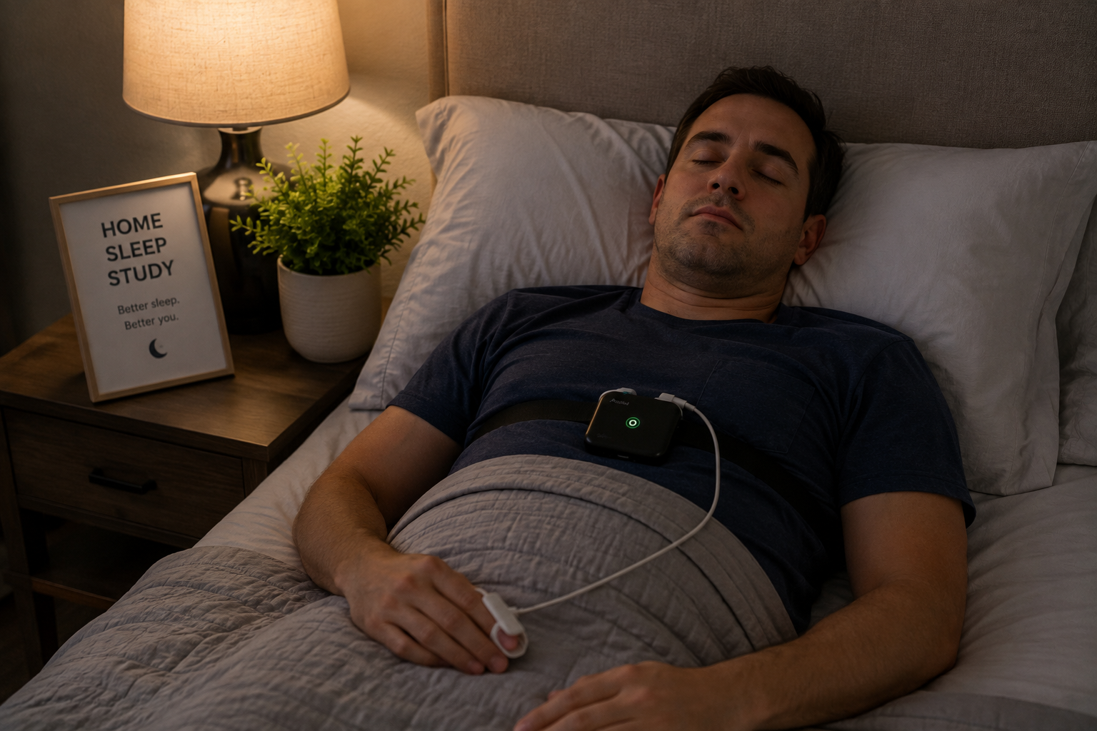 Man lying in bed with a sleep monitor on his chest beside a bedside lamp and book
