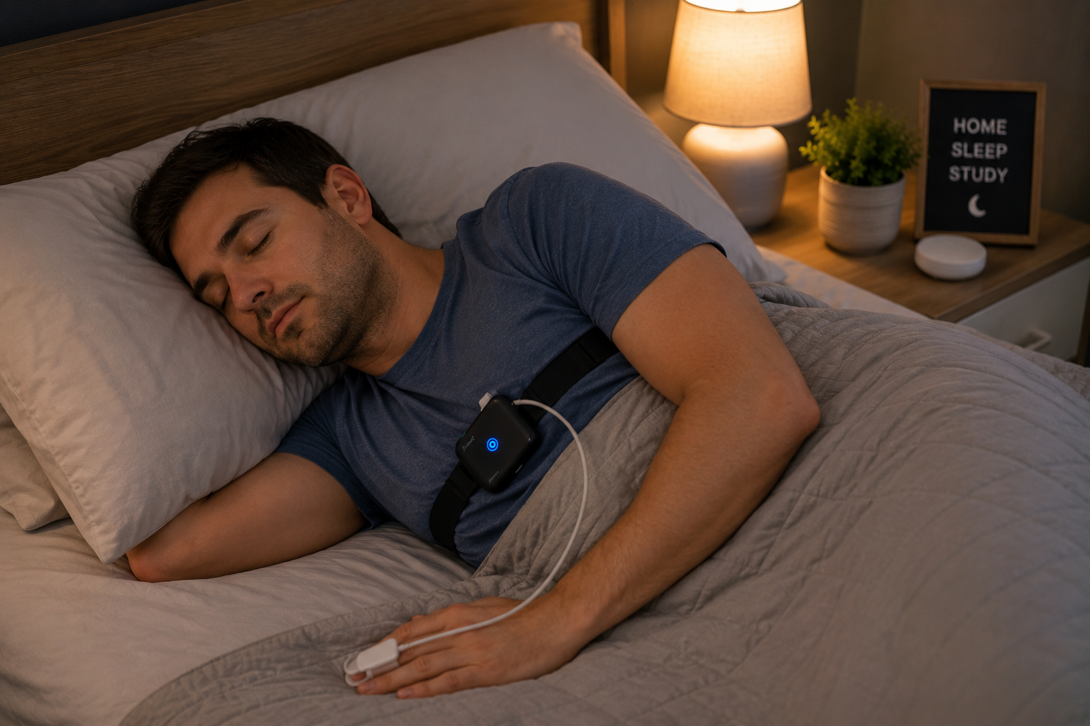 Man sleeping in bed with a sleep tracker on his wrist beside a lit bedside lamp and plant