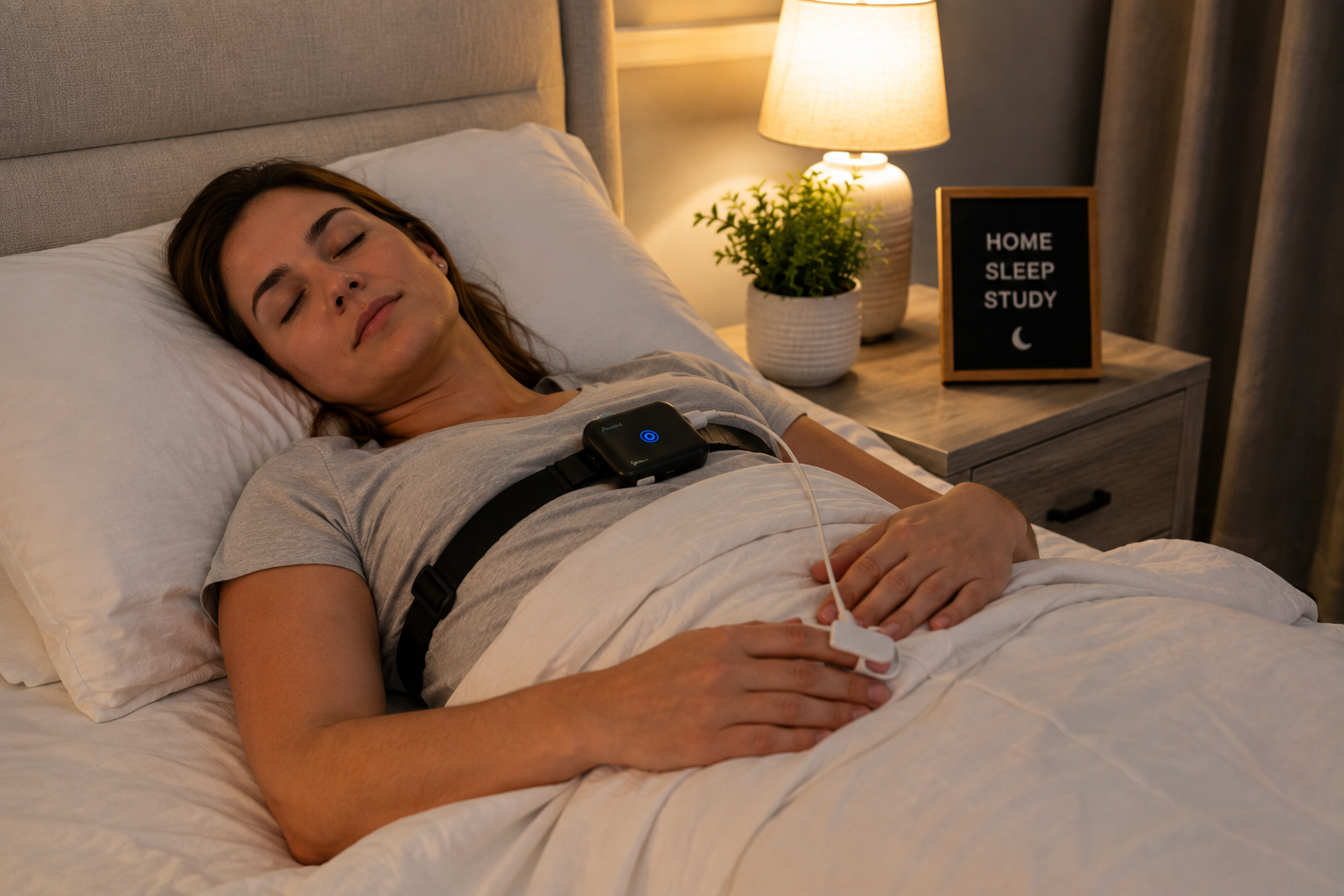 Person sleeping in bed with a sleep monitor on their chest beside a lit bedside lamp