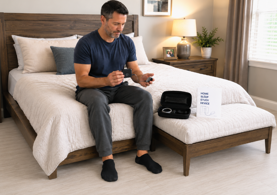 Man sitting on a bed using a black device, with a white box and lamp in a cozy bedroom.