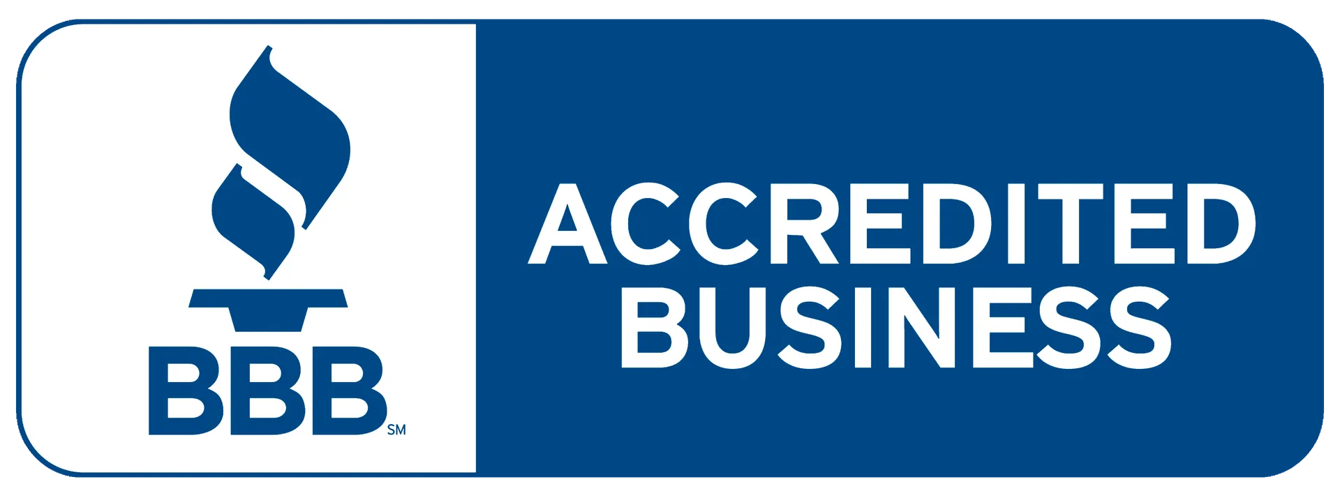 BBB Accredited Business logo in blue and white with the BBB torch icon.