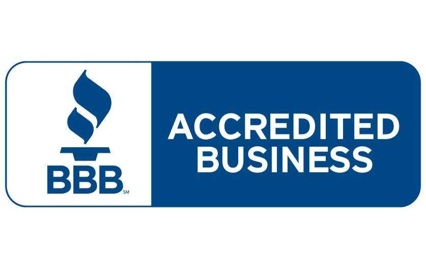 BBB Accredited Business logo in blue and white with the BBB torch icon.