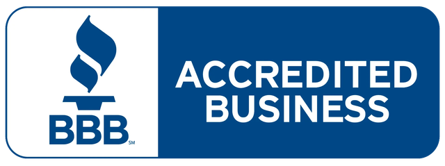 BBB Accredited Business logo in blue and white with a torch icon and text