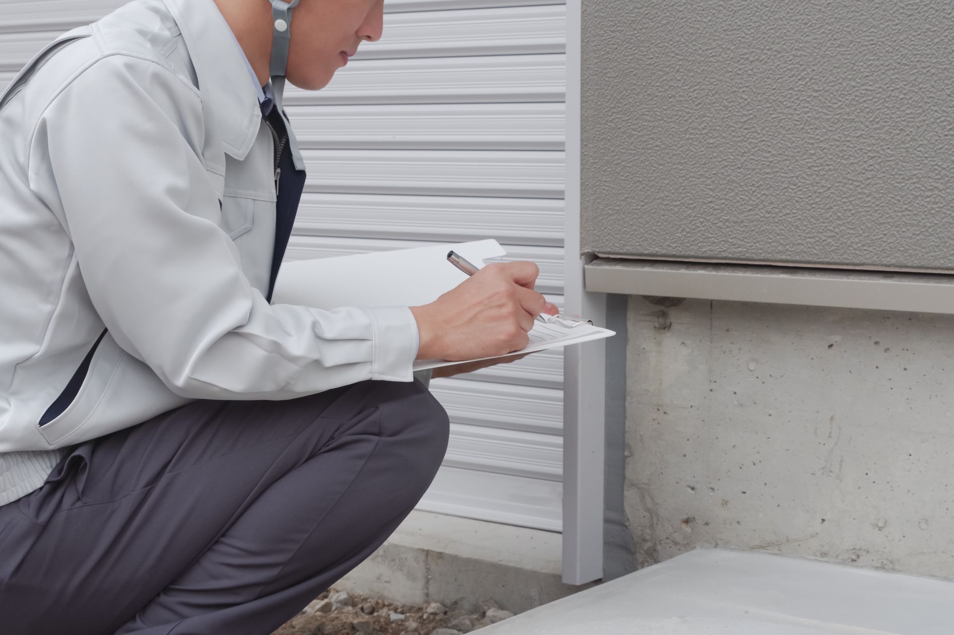 Person kneeling beside a building wall, taking notes on a clipboard during an inspection