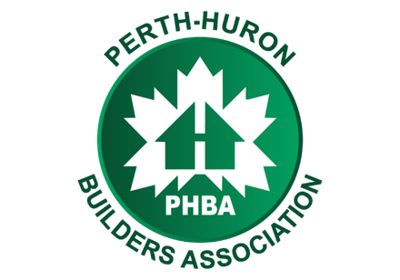 Perth-Huron Builders Association logo: green circular emblem with white maple leaf and house, PHBA text